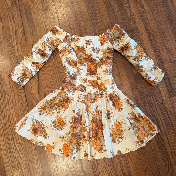 Alemais Orange Floral Long Sleeve Off the Shoulder Drop Waist Mini Dress XXS XS - Picture 11 of 13